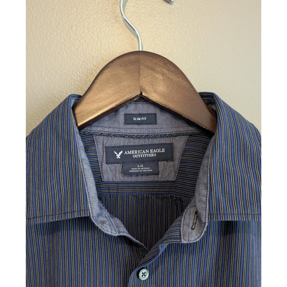 American Eagle Mens Large Slim Fit Button Up Shirt Blue Yellow Striped LS L